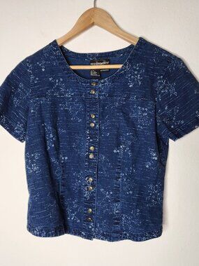 Vintage Requirements Womens Small Denim Floral Button Short Sleeve Top
